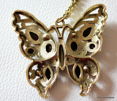 Butterfly Bronze Tone with Brown Facet Beads and Rhinestones Pendant Necklace